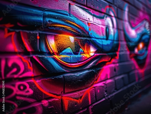 Graffiti wall with vibrant designs, dynamic and expressive, Urban, Bright hues, Photograph, Street culture