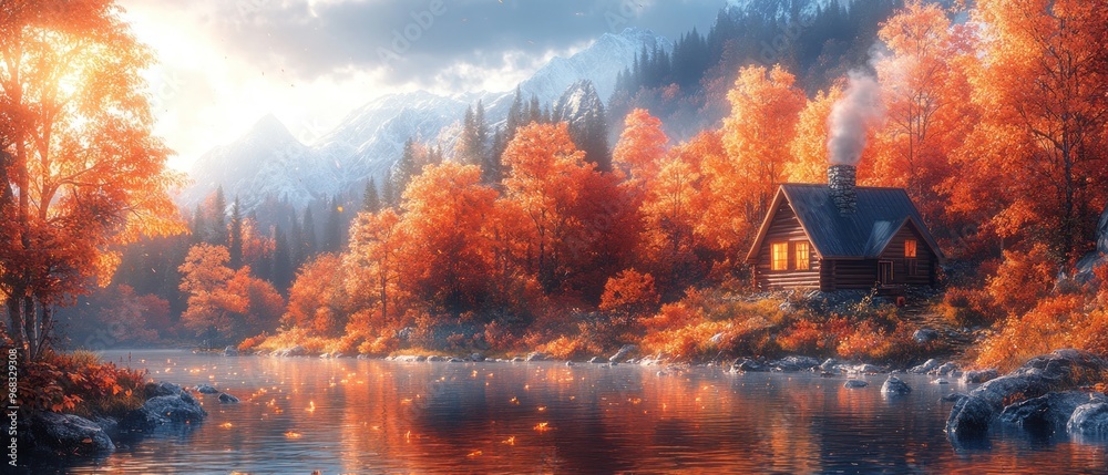 Cabin in the Autumn Forest with Snowy Mountains and a River Cabin in the Autumn Forest with Snowy Mountains and a River