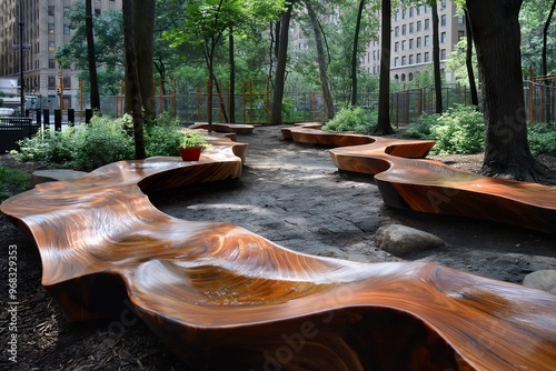 Innovative wave-shaped wooden benches create a unique seating area in an urban park surrounded by lush greenery