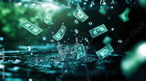 Dollars splashing into water, creating a dynamic scene of currency and fluid motion, symbolizing wealth and financial flow. photo