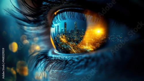 A close-up of an eye reflecting a vibrant cityscape at night, showcasing the interplay of light and urban beauty.