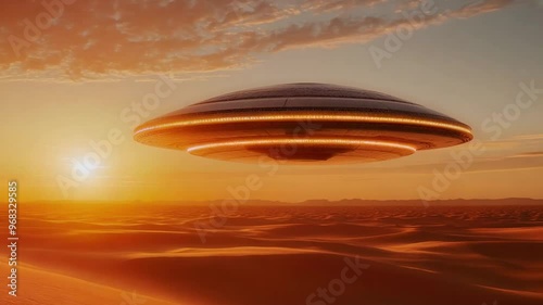 Wallpaper Mural Wide Shot Of A UFO Hovering Over Desert Dunes During Sunset. The Camera Captures Dynamic Lighting And The UFO’s Glowing Lights In A Mesmerizing, Cinematic Sci-Fi Style.  Torontodigital.ca