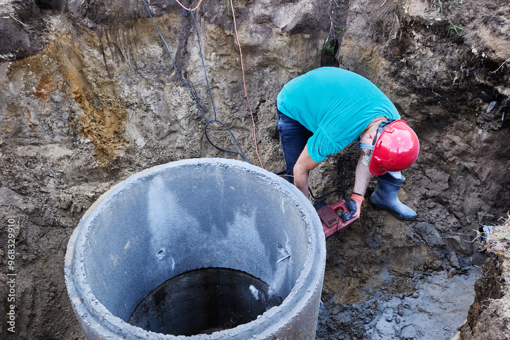 Construction worker is chiseling big hole in concrete ring with rotary hammer. Construction worker is chiseling big hole in concrete ring with rotary hammer.
