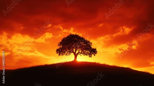A bright orange sunset illuminating a silhouette of a lone tree on a hilltop, with the sky ablaze with color.