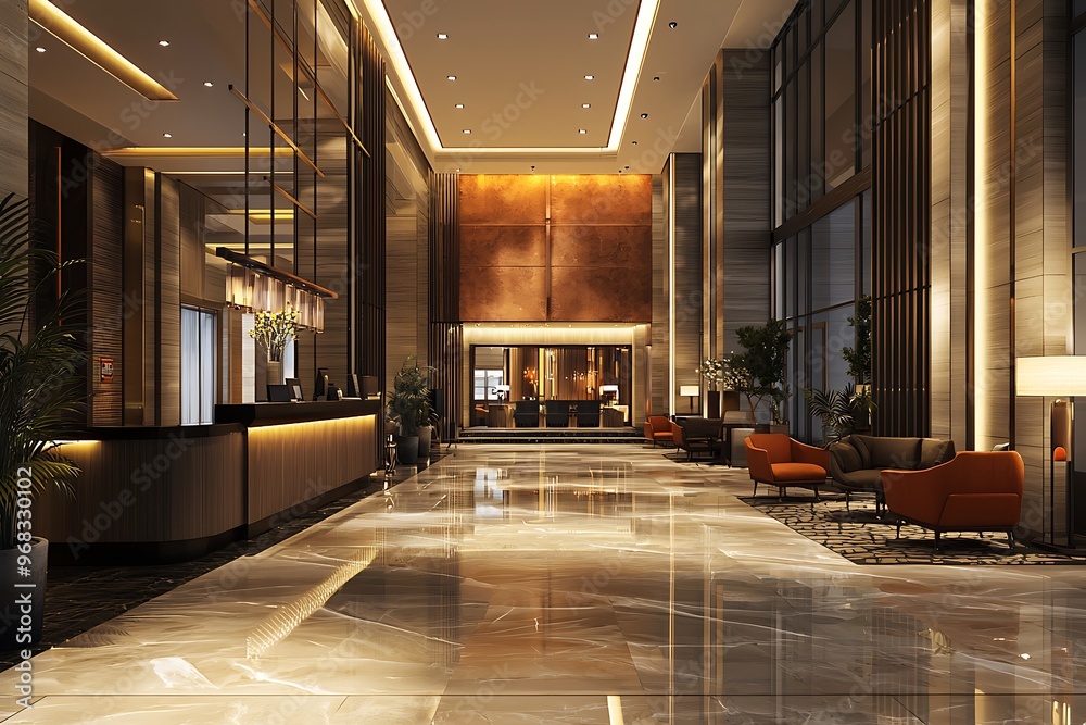 High-end finishes and contemporary design in a luxurious hotel lobby. High-end finishes and contemporary design in a luxurious hotel lobby.