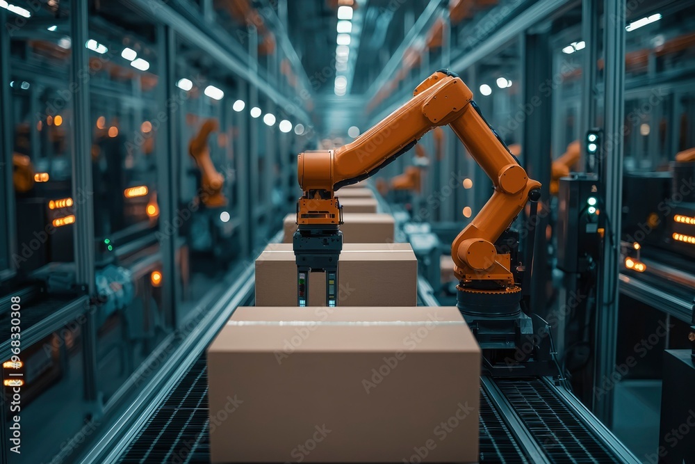 custom made wallpaper toronto digitalRobotic Arm Moving a Cardboard Box on a Conveyor Belt in a Factory