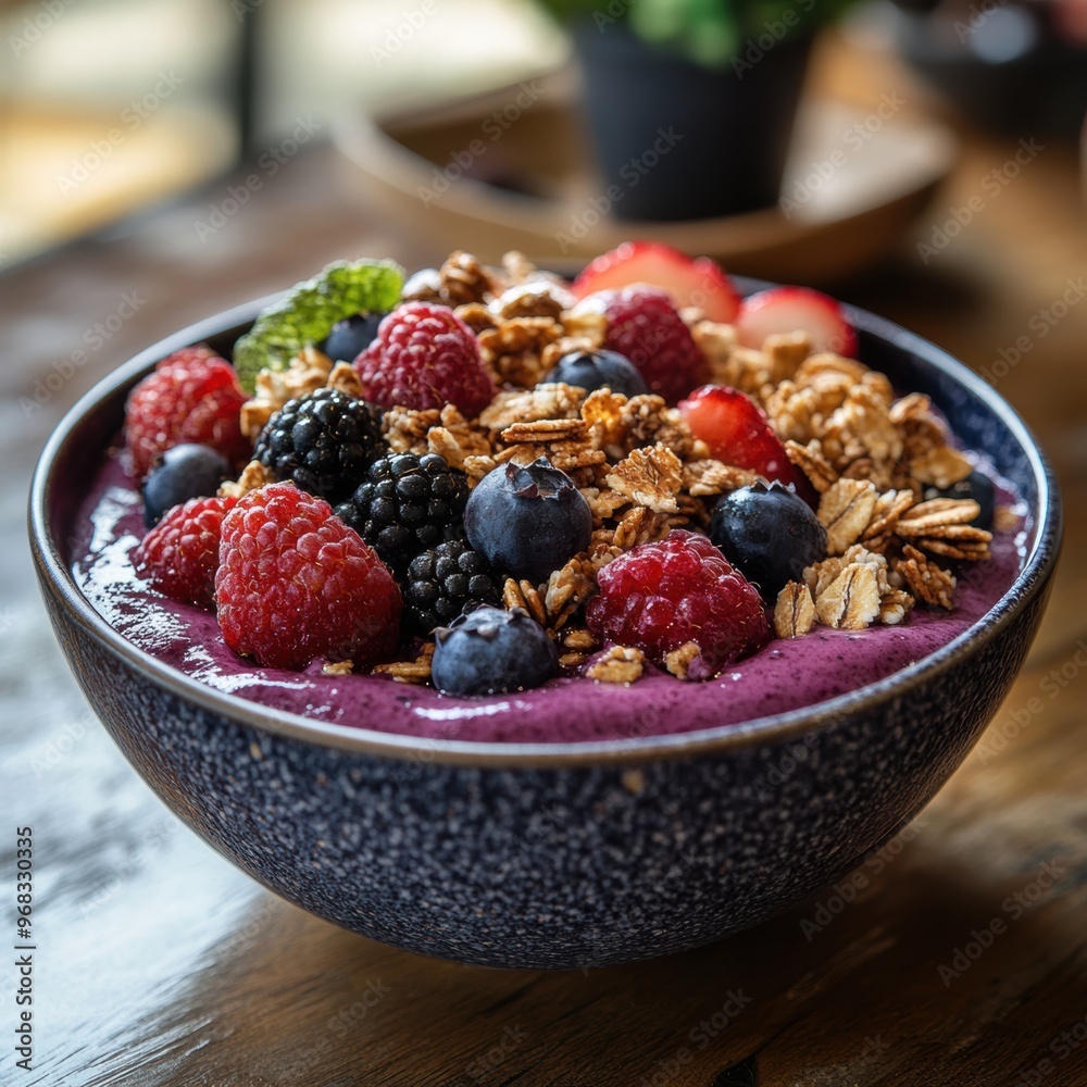 A colorful bowl of smoothie topped with granola and fresh berries, perfect for a healthy breakfast or snack option. A colorful bowl of smoothie topped with granola and fresh berries, perfect for a healthy breakfast or snack option.