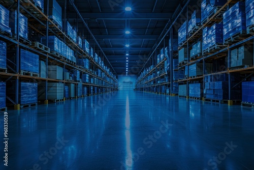 Blue-lit Warehouse Aisle with Palletized Boxes on Shelves