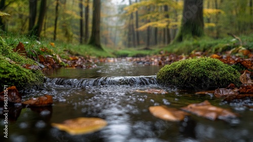 A Small Stream Flowing Through a Forest in Autumn