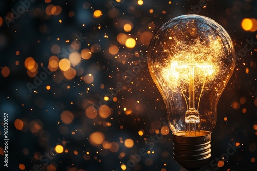 Close up of a light bulb sparking with electricity on a dark background, symbolizing creativity