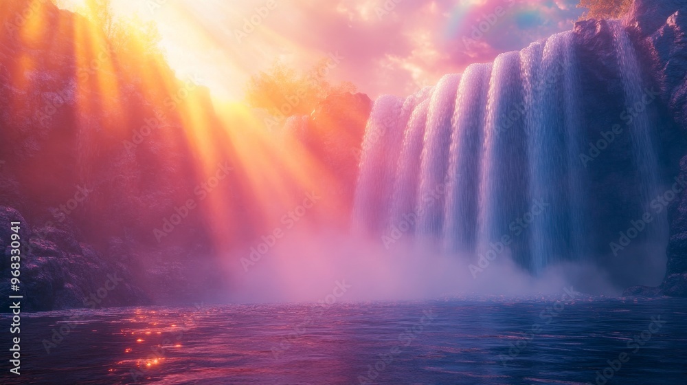 Majestic Waterfall at Sunset with Sunbeams and Mist Majestic Waterfall at Sunset with Sunbeams and Mist