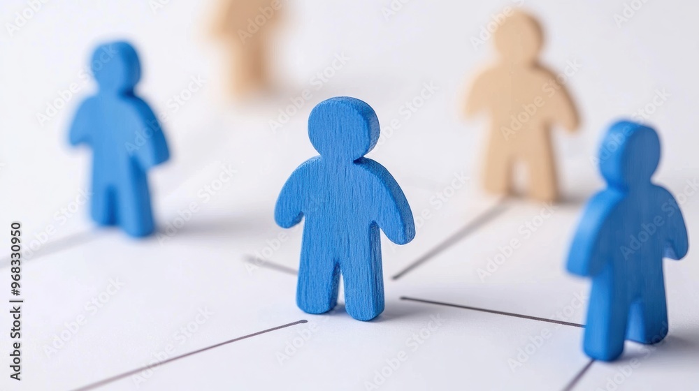 A creative representation of teamwork and collaboration using colorful wooden figures on a light background.
