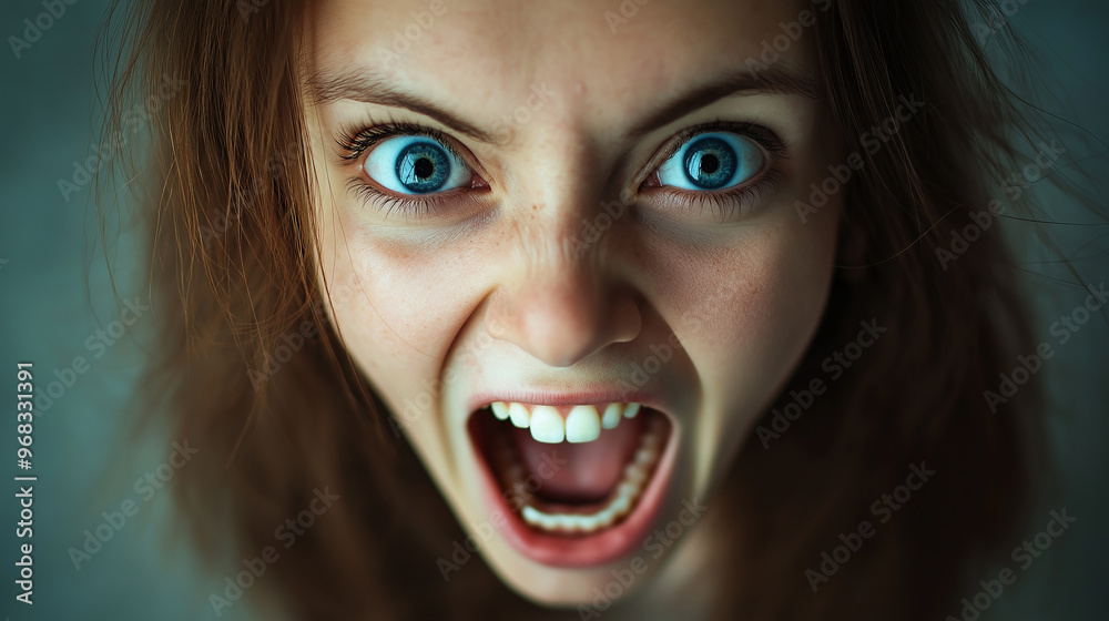 Young woman with blue eyes screaming showing teeth Young woman with blue eyes screaming showing teeth