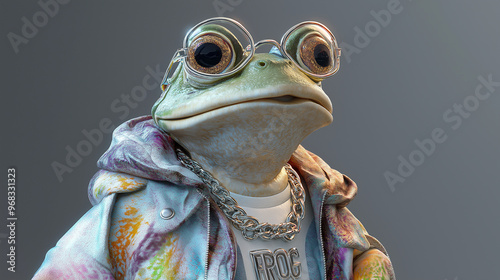 Cool frog wearing glasses and golden chain is posing