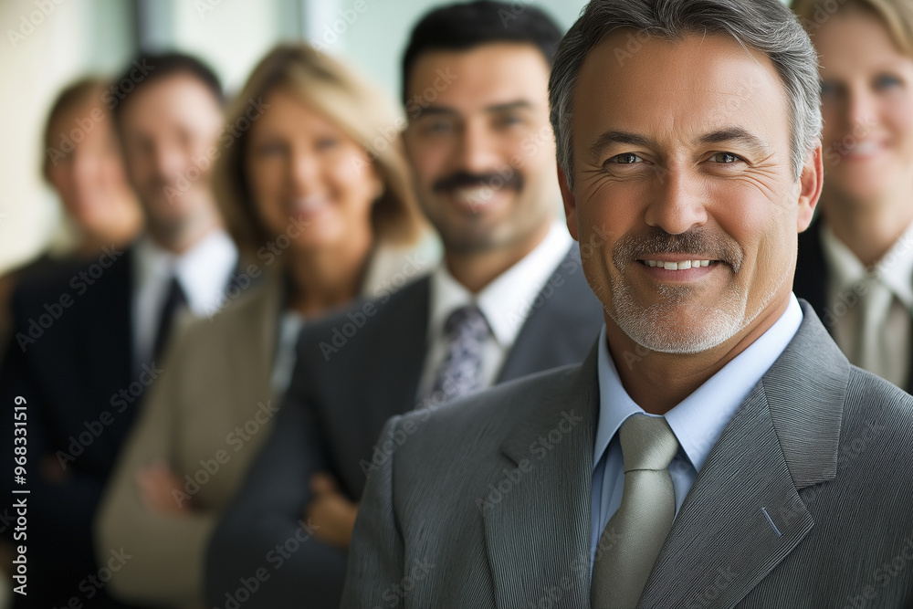 Successful businessman smiling with team in background Successful businessman smiling with team in background