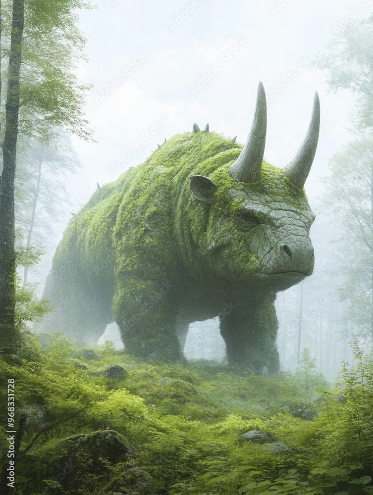 Fototapeta premium Armored herbivores protect themselves against predators while navigating the dense underbrush of ancient forests.