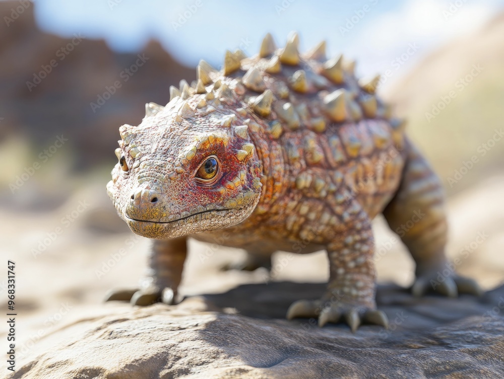 Fototapeta premium An Armored Tarchia Dinosaur Showcasing Its Remarkable Defense Features Amidst a Rugged Landscape.