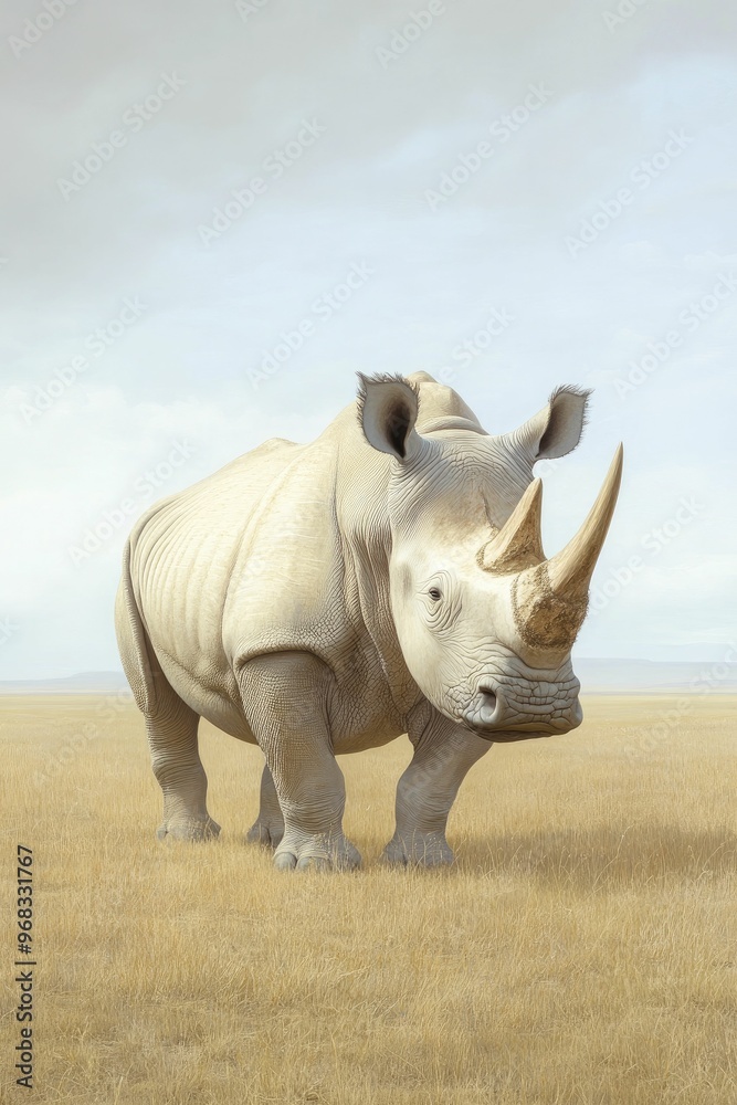 Fototapeta premium Arsinoitherium Rhino Ancestor Grazing in a Diverse Prehistoric Grassland