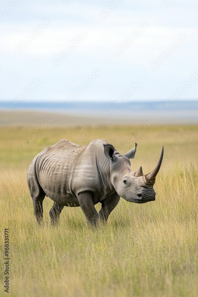 Obraz premium Arsinoitherium, the ancient rhino ancestor, peacefully roams through a vibrant and varied prehistoric grassland teeming with life.