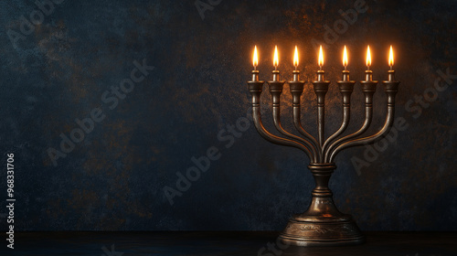 Burning hanukkah menorah celebrating the festival of lights on dark background