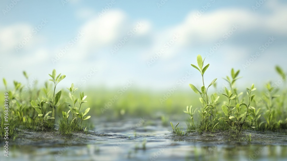 Cooksonia, the earliest land plant, thriving amid a vibrant ecosystem in a prehistoric wetland environment. Cooksonia, the earliest land plant, thriving amid a vibrant ecosystem in a prehistoric wetland environment.