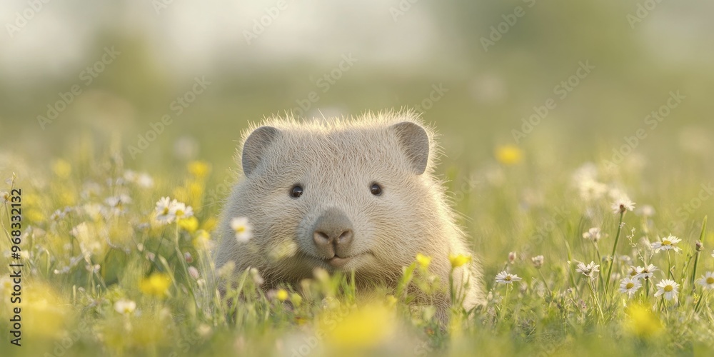 Fototapeta premium The Diprotodon giant wombat lounges peacefully in a sunlit meadow surrounded by blooming flowers and vibrant greenery.