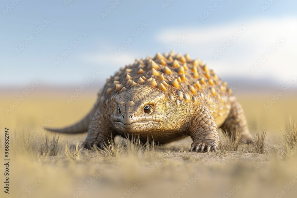 Obraz premium Doedicurus uses its armored tail to fend off predators while navigating the lush landscape of a grassy plain.