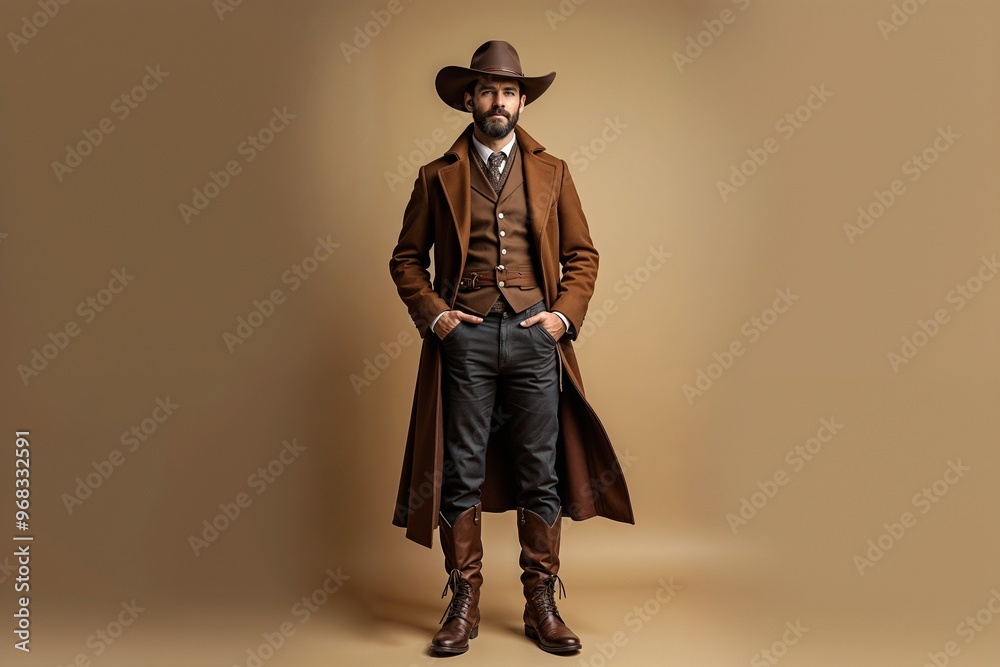 A man in traditional cowboy attire including a brown hat, long coat, waistcoat, and leather boots, standing confidently against a solid brown background. A man in traditional cowboy attire including a brown hat, long coat, waistcoat, and leather boots, standing confidently against a solid brown background.