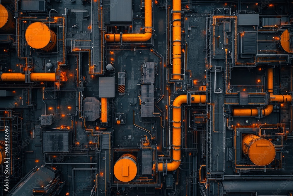 Fototapeta premium Aerial View of Industrial Complex with Orange Pipelines