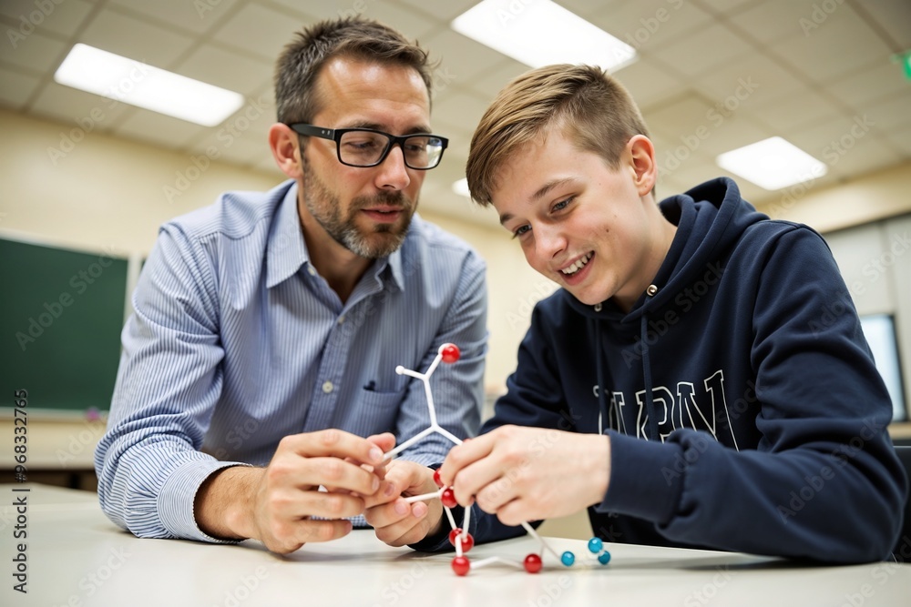 A teacher and student collaborate on constructing a molecular model, exemplifying learning and mentorship. The classroom setting emphasizes an interactive educational environment. A teacher and student collaborate on constructing a molecular model, exemplifying learning and mentorship. The classroom setting emphasizes an interactive educational environment.