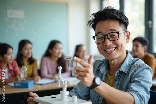 A cheerful young student with glasses is in a classroom, smiling while demonstrating a piece of lab equipment, with other students in the background engaging in similar activities.