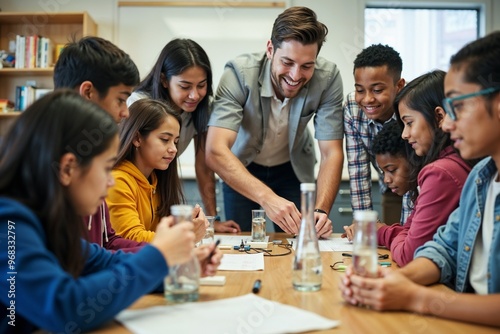 A teacher assists a diverse group of enthusiastic students with an engaging project in a bright classroom, fostering collaboration and hands-on learning.