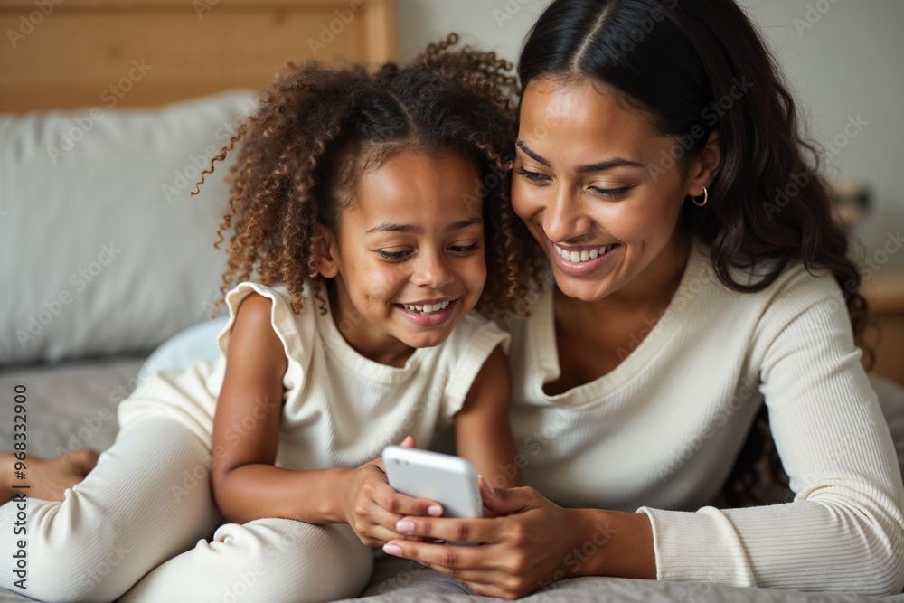 A joyful mother and her young daughter share a close moment while looking at a smartphone together, both wearing matching cream-colored outfits and lying on a bed. A joyful mother and her young daughter share a close moment while looking at a smartphone together, both wearing matching cream-colored outfits and lying on a bed.
