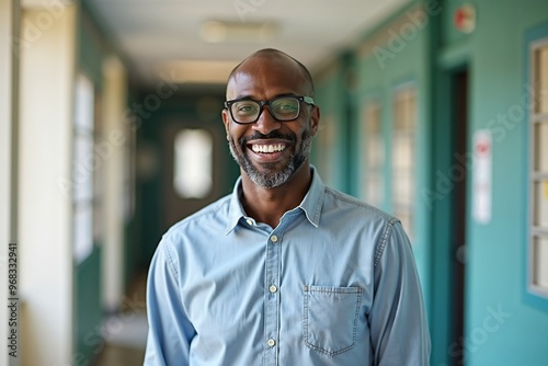 A man wearing a light blue shirt stands in a brightly lit hallway, evoking a sense of calm and contemplation against the simple yet vibrant background.