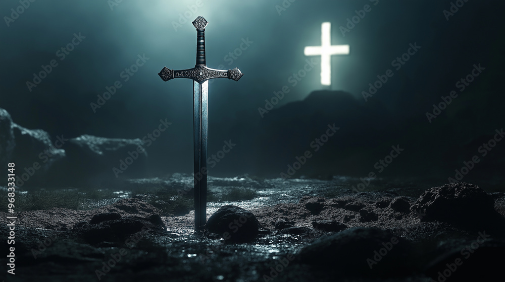 Naklejka premium Medieval sword standing upright by glowing cross on dark battlefield