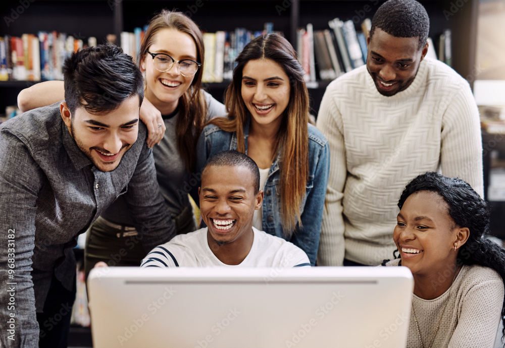 Students, computer and learning in library for education, study and college with exam collaboration. People, tech and diversity on university campus for research project, scholarship and math course
