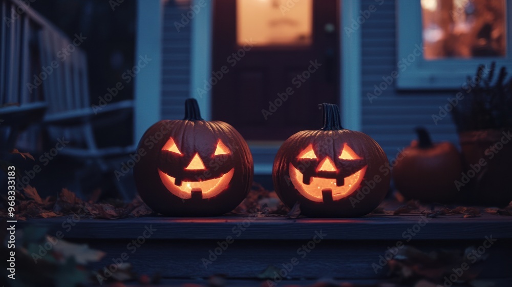 Fototapeta premium A Halloween scene with carved orange pumpkins glowing in the dark, placed on a front porch.