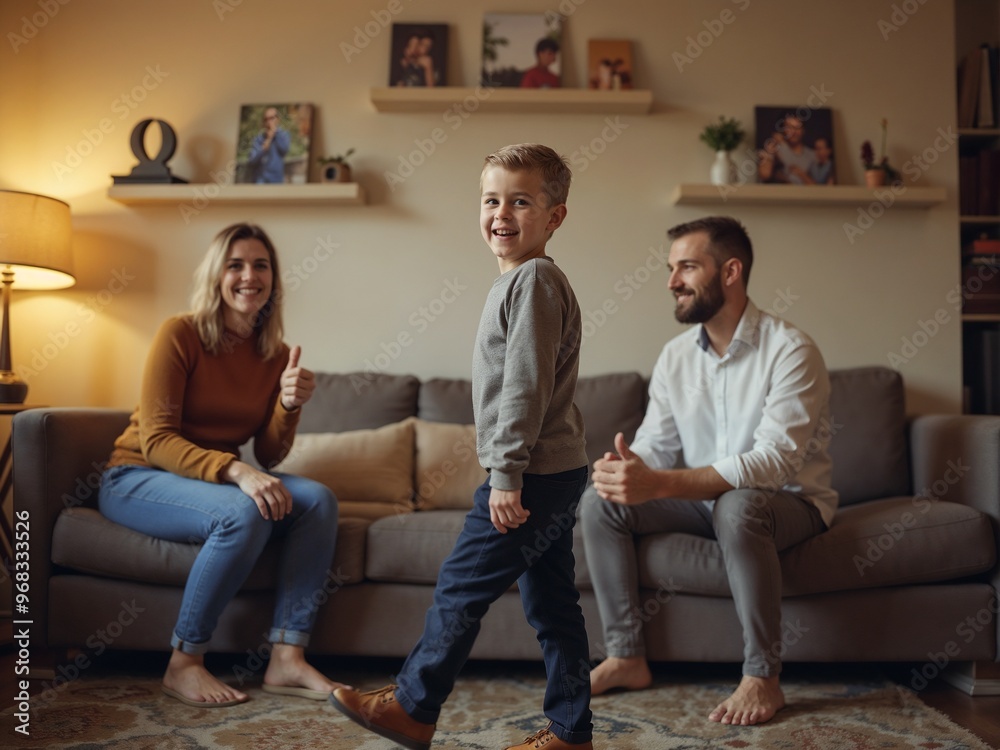 A cheerful family at home with parents sitting on the couch while their child walks confidently, showing a warm and supportive family dynamic in a cozy setting. A cheerful family at home with parents sitting on the couch while their child walks confidently, showing a warm and supportive family dynamic in a cozy setting.