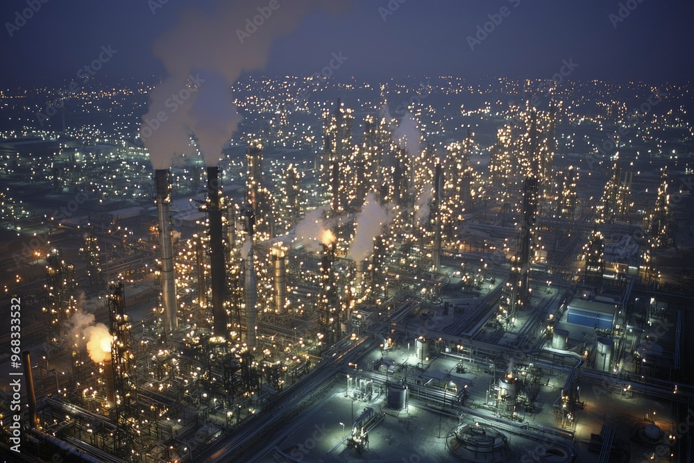 Fototapeta premium Aerial View of an Illuminated Industrial Complex at Night