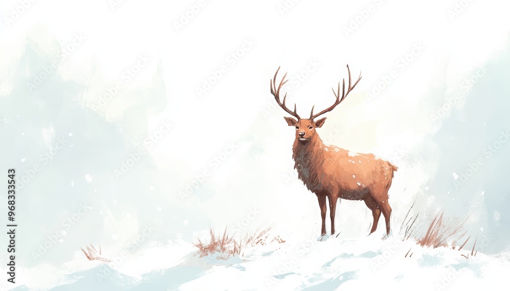 A majestic deer stands gracefully in a snowy landscape, surrounded by soft, tranquil hues of winter, capturing the beauty of nature. A majestic deer stands gracefully in a snowy landscape, surrounded by soft, tranquil hues of winter, capturing the beauty of nature.