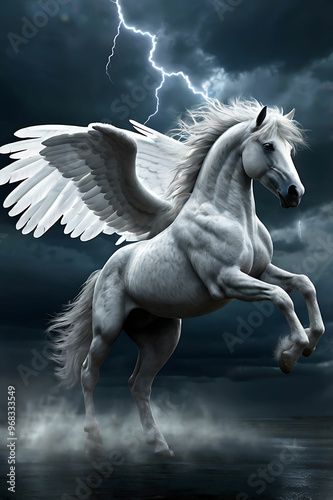 Dynamic White Pegasus in Stormy Skies – Electrifying Lightning, Detailed Feathers, and Dramatic Lighting Highlight Graceful, Muscular Form Amidst Surreal Stormy Clouds