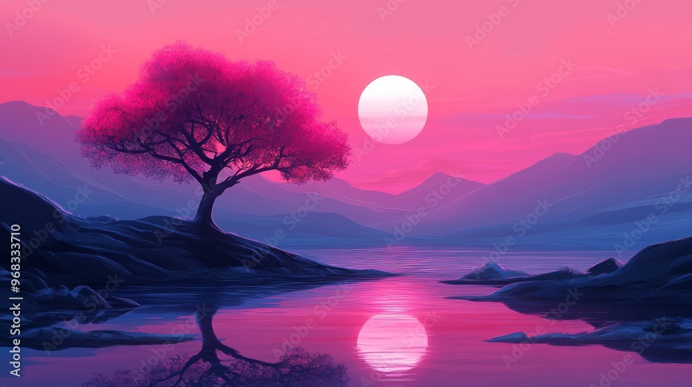 Fototapeta premium Silhouetted Tree by a Pink Sunset Lake with Mountains