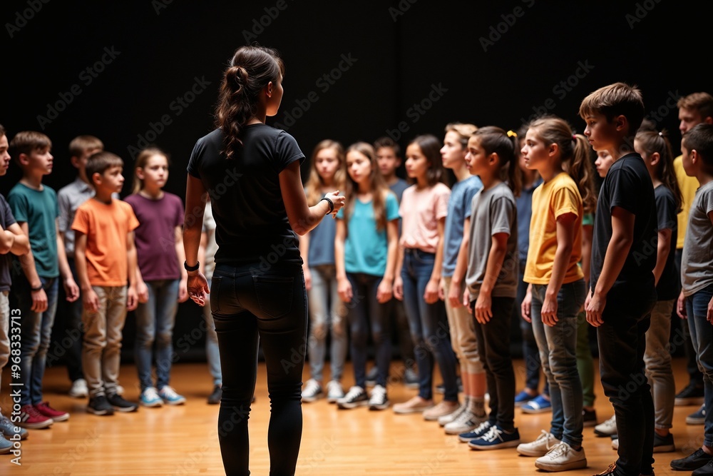 Obraz premium Drama Rehearsal: Junior High Teacher Guiding Students on Stage