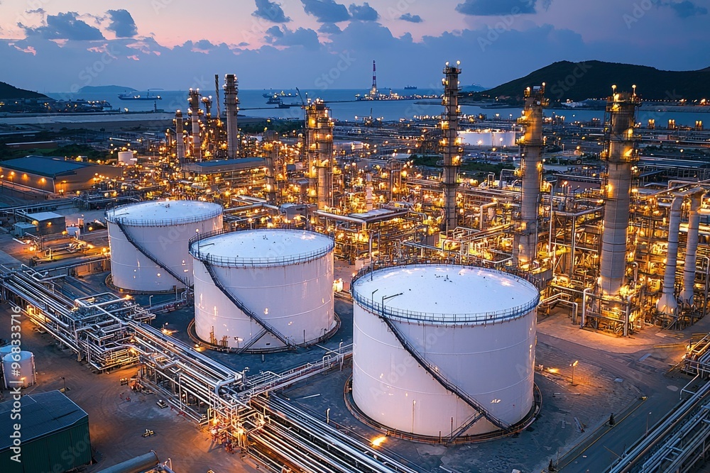 Industrial Refinery Complex at Dusk with Storage Tanks and Pipelines