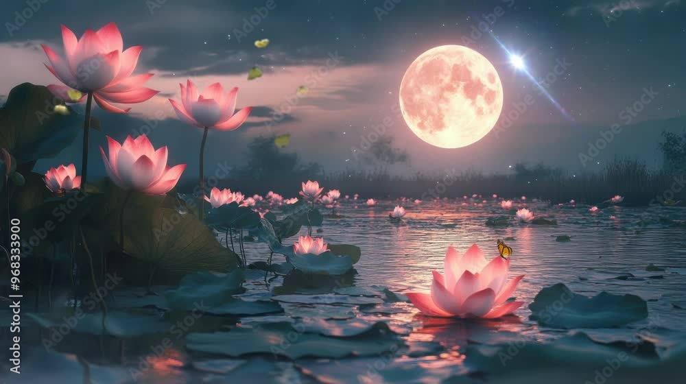 beautiful view of lotus flowers on the lake on a full moon night. seamless looping time-lapse virtual 4k video Animation Background. beautiful view of lotus flowers on the lake on a full moon night. seamless looping time-lapse virtual 4k video Animation Background.