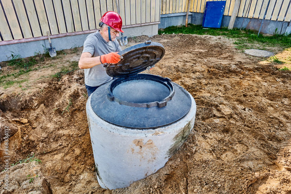Installing manhole cover on septic tank made of concrete rings. Installing manhole cover on septic tank made of concrete rings.