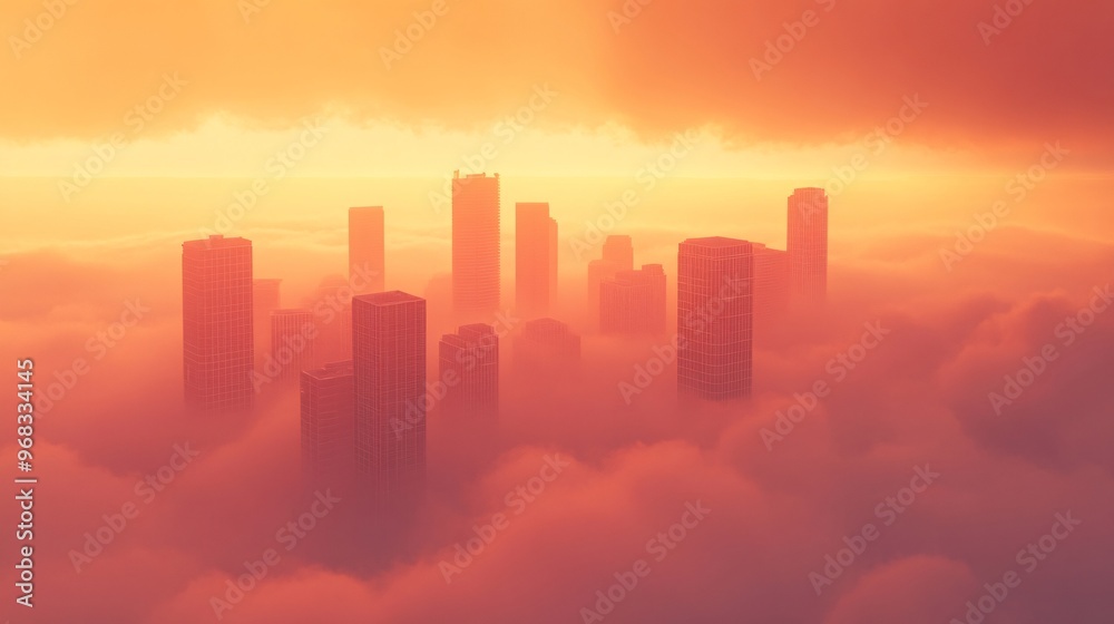 Aerial view of skyscrapers emerging from thick fog during a stunning sunset. Aerial view of skyscrapers emerging from thick fog during a stunning sunset.