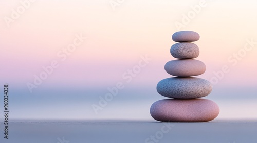 A serene stack of smooth, pastel-colored stones against a soft, gradient background.