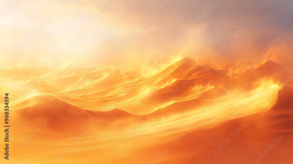 Fototapeta premium Golden Desert Landscape with Rolling Sand Dunes and Hazy Sky