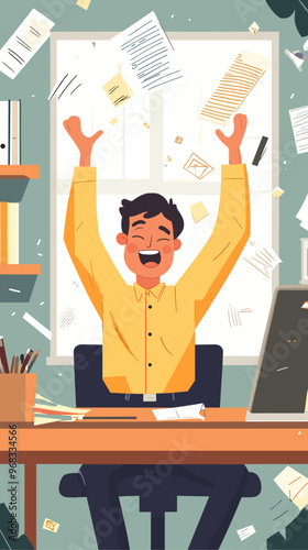 Happy employee throwing paper flat vector design